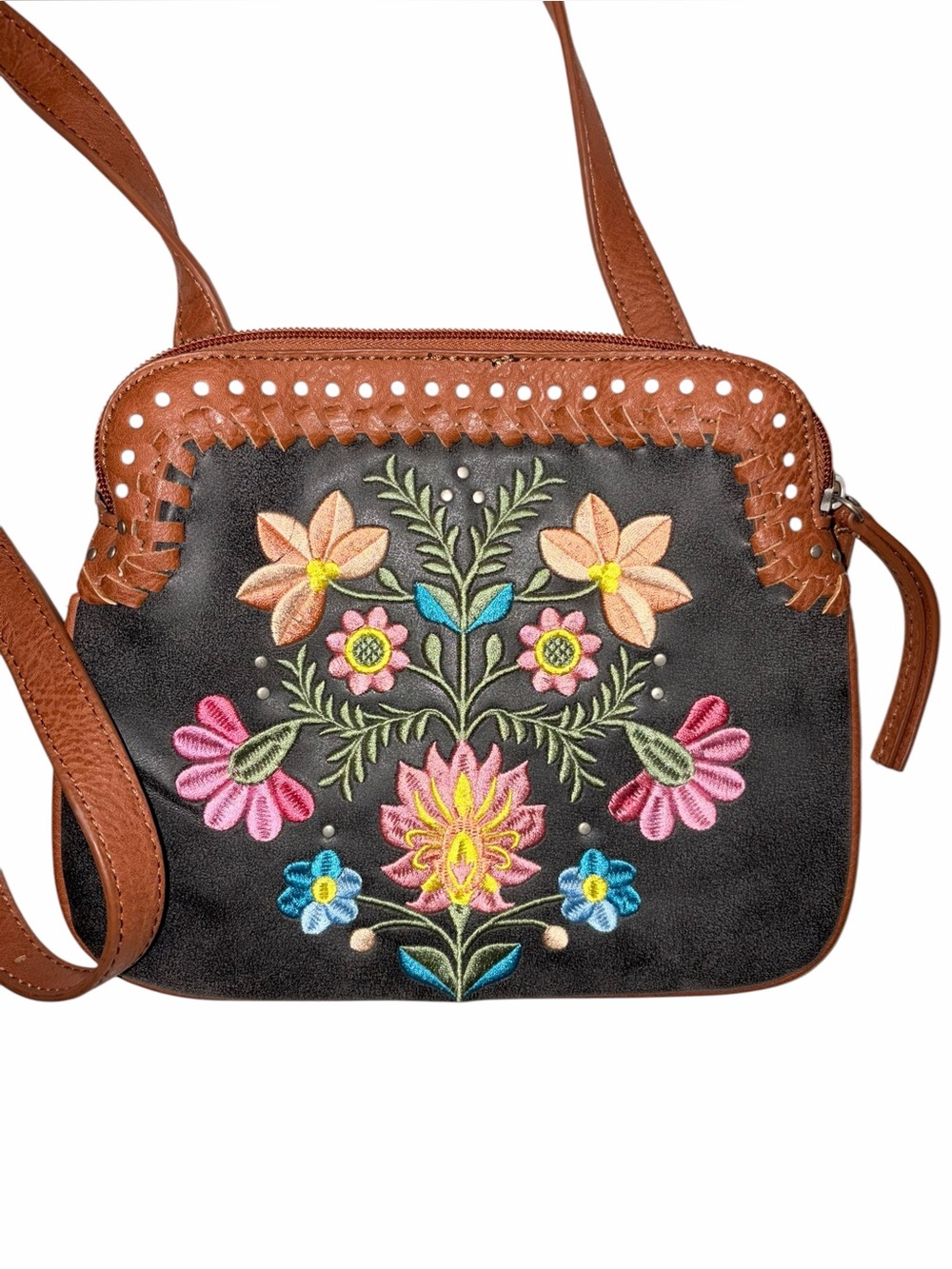 American West Vegan Leather Floral Embroidered Crossbody Bag Folk Art Boho Chic